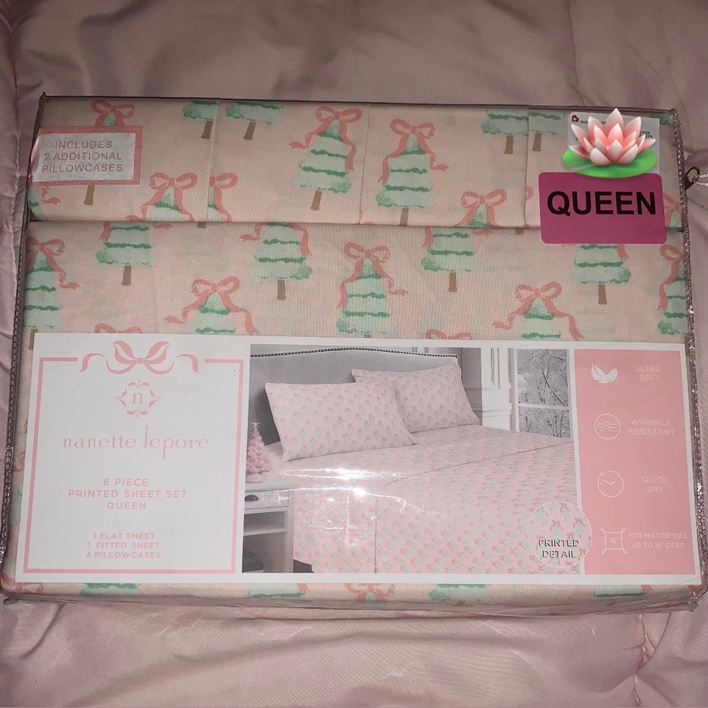NEW Nanette Lepore Coquette Christmas Trees Queen Sheet Set NWT